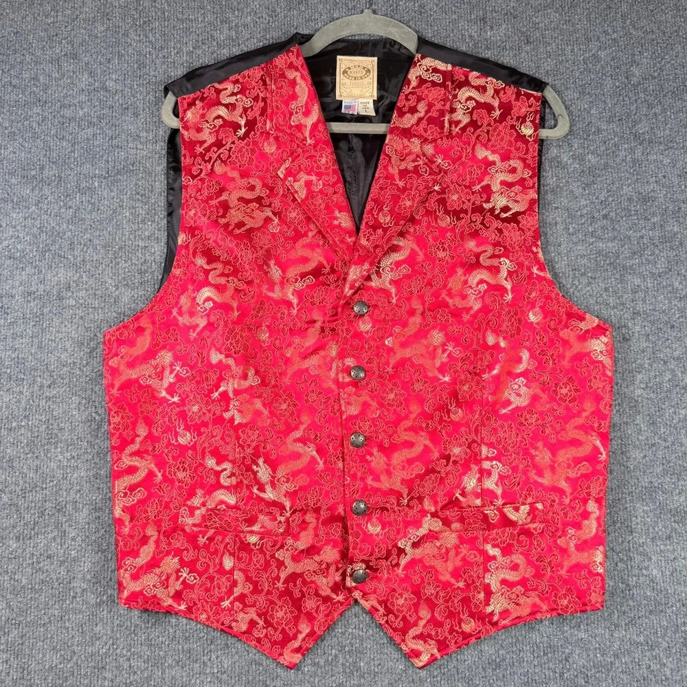 Wah Maker Frontier Vest Mens L Red Dragon Silk Blend Jacquard Western 37182